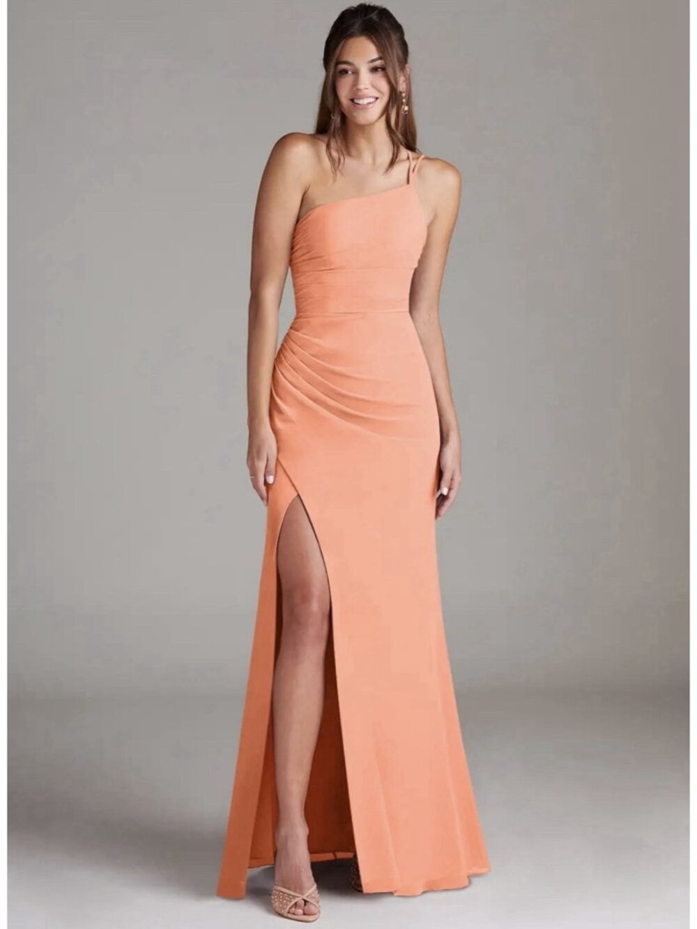 Formal Chiffon Bridesmaid Dress One Shoulder Azazie Eren Sz4 Sunset Peach